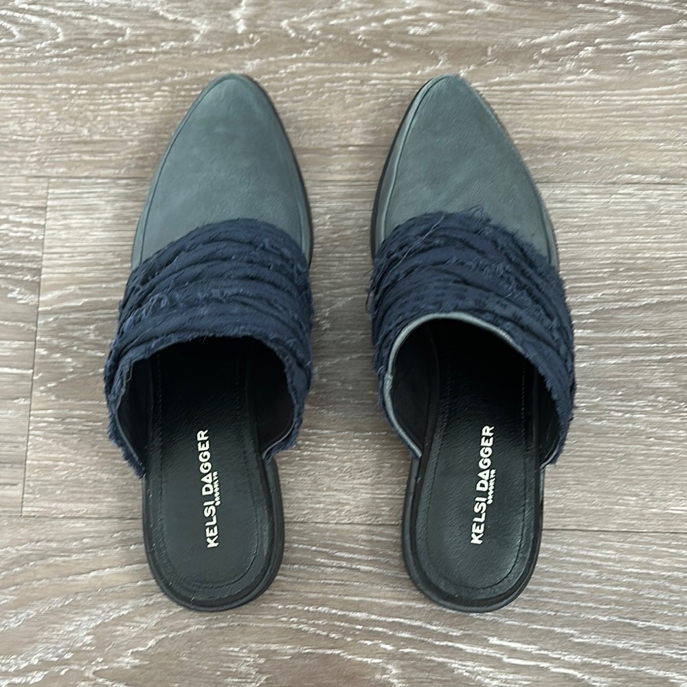 Kelsi Dagger Blue Suede Mules with Ruched Detail